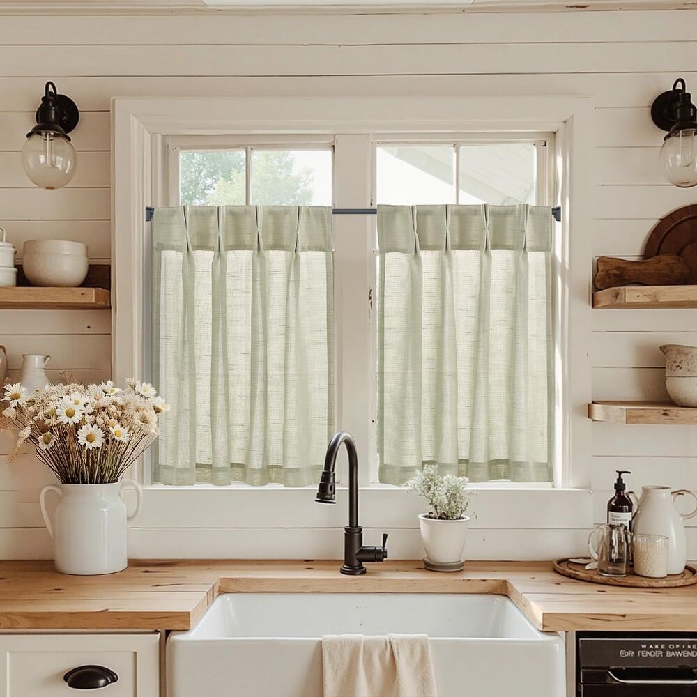 Set of 2 Curtain Panels, 26x36" Pinch Pleated Back Tab Tier Curtains, Beige